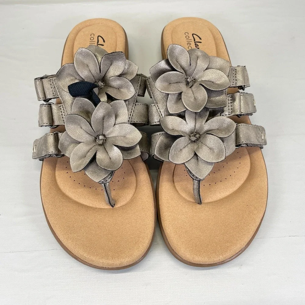 Clarks Elizabelle Mae Sandals Womens Size 9 M Pewter Metallic Shoes Thong Slides
